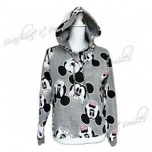 Disney MICKEY MOUSE Gray All-Over Print Hoodie Lightweight Sweatshirt Raw Hem